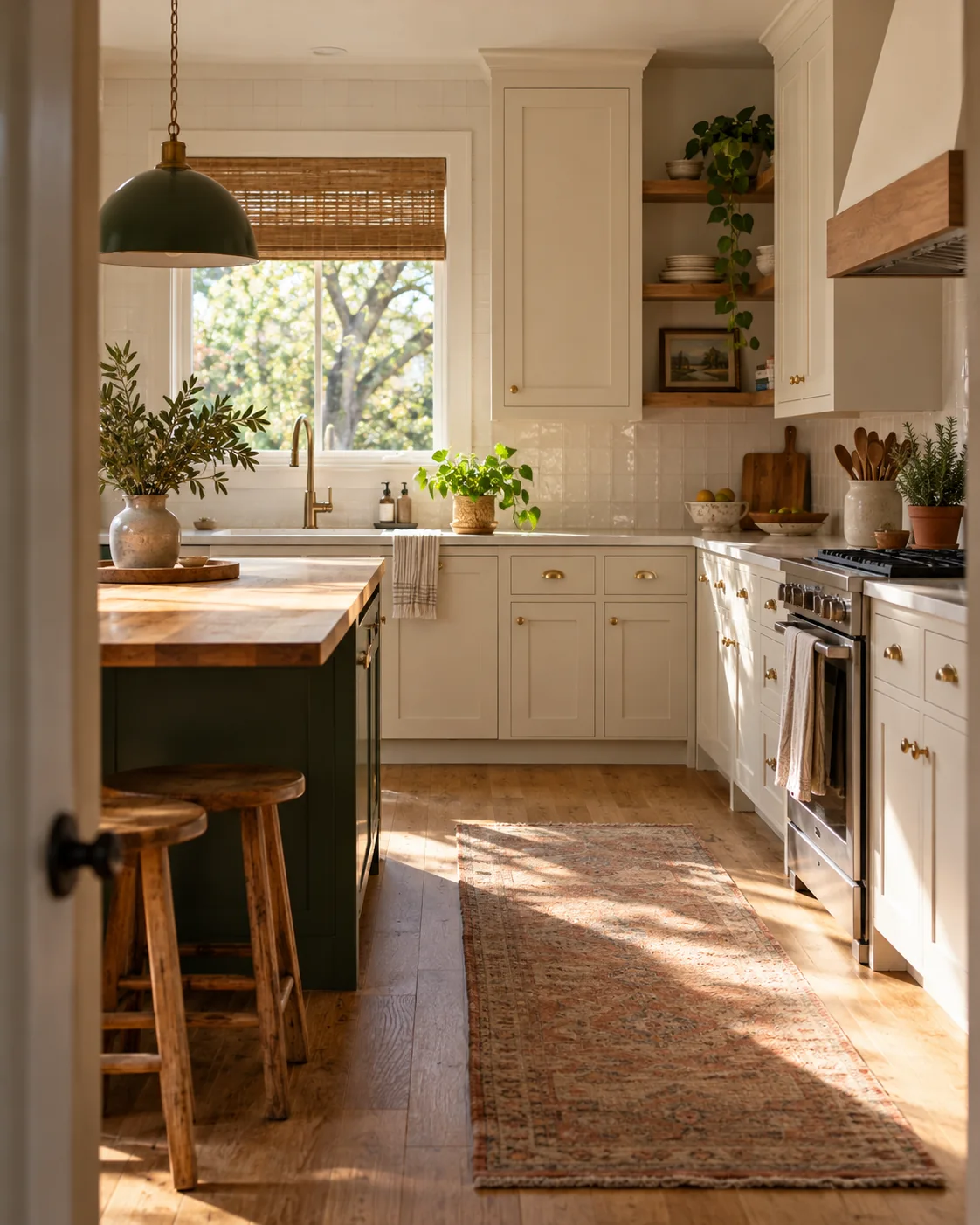 Sunlit kitchen with cream cabinets, oak counters, green accents and a linen towel.